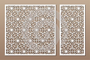 Set decorative card for cutting. Recurring linear geometric mosaic pattern. Laser cut. Ratio 1:1, 1:2. Vector illustration