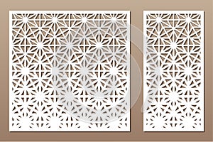 Set decorative card for cutting. Recurring linear geometric mosaic pattern. Laser cut. Ratio 1:1, 1:2. Vector illustration