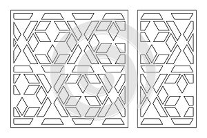 Set decorative card for cutting. Triangular linear mosaic pattern. Laser cut. Ratio 1:1, 1:2. Vector illustration