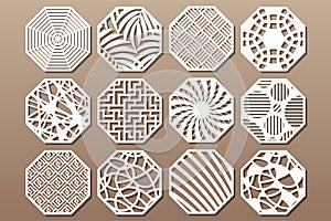 Set decorative circle card for cutting. Round Abstract geometric linear pattern. Laser cut. Vector illustration