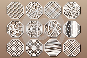 Set decorative circle card for cutting. Round Abstract geometric linear pattern. Laser cut. Vector illustration