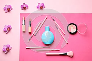 Set of decorative cosmetics and accessories on color background, flat lay