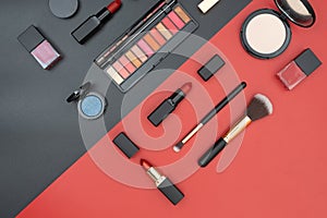Set decorative cosmetics on black and red