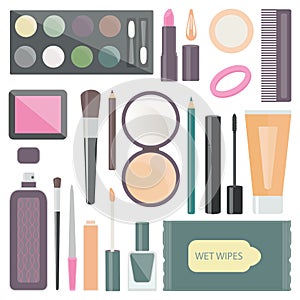 Set of decorative cosmetics with mascara, eye shadow, etc. Vector illustration.