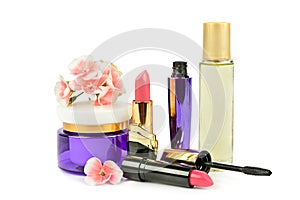 Set of decorative cosmetics and perfume bottle isolated on white