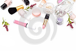 Set of decorative cosmetics on white background. Copy space