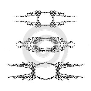 Set of decorative design elements. A black and white isolated illustration is drawn by hand. Vector 10 EPS.