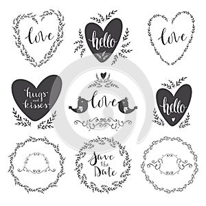 Set of decorative design elements frames, hearts, embellishments