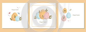 Set of decorative Easter cards. wreath, bunny and Easter egg decor