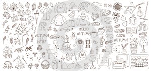 A set of decorative elements. Autumn, cozy home, hugge. Clothing, crops, animals, interior, cozy. Design collection of outline