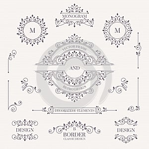 Set of decorative elements. Decorative monograms, borders, frame