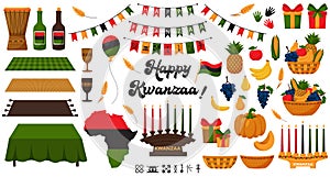 Set of decorative elements for traditional African American holiday Kwanzaa. Candleholder, Kinara, fruits, gift boxes