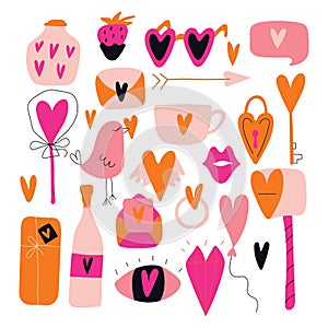 Set of decorative elements for Valentine's day for your design. Hearts, balls, candies, birds, letters, flags