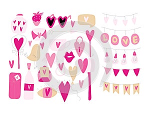 Set of decorative elements for Valentine's day for your design. Hearts, balls, candies, birds, letters, flags