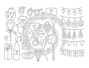 Set of decorative elements for Valentine's day for your design. Hearts, balls, candies, birds, letters, flags