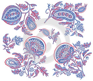 Set of decorative fantasy flowers and branches inspired indian paisley culture. Floral elements in oriental style with buta