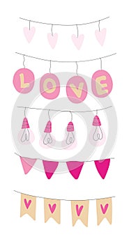 Set of decorative flags, lanterns, light bulbs for Valentine's day for your design. Sticker pack. Isolated elements