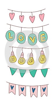 Set of decorative flags, lanterns, light bulbs for Valentine's day for your design. Sticker pack. Isolated elements
