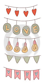 Set of decorative flags, lanterns, light bulbs for Valentine's day for your design. Sticker pack. Isolated elements