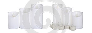 Set with decorative flameless LED candles on white background. Banner design