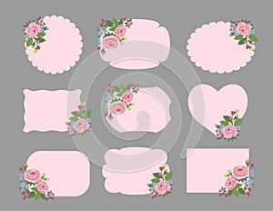 Set of decorative floral frames, cards with rose. Vector background, design elements
