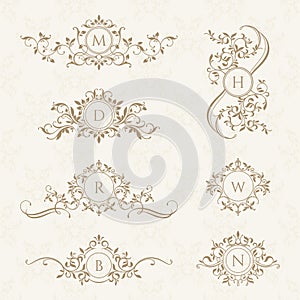 Set of decorative floral vector monograms.