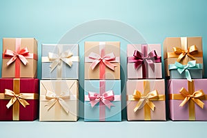 Set of decorative gift boxes with ribbon bows. Holiday decoration. Black friday sale collection