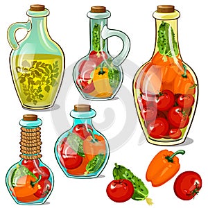 Set of decorative glass bottles with pickled ripe vegetables. Element of interior design on theme of harvest and photo