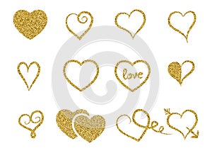 Set of decorative gold glitter texture hearts on white background