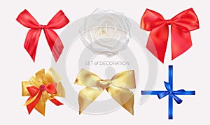 Set of decorative golden and red bows with horizontal ribbon. Realistic colored bows and ribbons shiny satin for decorate your