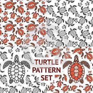 Set of decorative graphic vector seamless pattern with turtle with vintage outline style.Isolated vector illustration