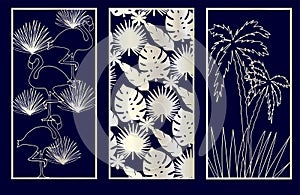 Set of Decorative laser cut panels with monstera, flamingo, palm tree.