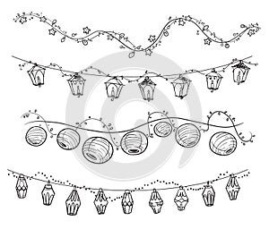 Set of decorative light garlands, party decoration vector line art photo