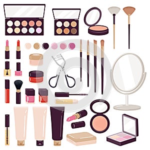 Set of decorative makeup tools cosmetics vector illustration