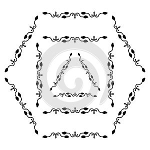 Set of decorative ornamental border with corner. Triangular, quadrangular, hexagonal frames