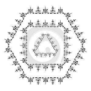 Set of decorative ornamental border with corner. Triangular, quadrangular, hexagonal frames. Two kinds of ornamental elements