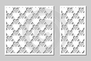 Set decorative panel laser cutting. wooden panel. Modern, elegant geometric heart patterns. Ratio of 1:2, 1:1. Vector