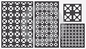 Set of decorative panels laser cutting. a wooden panel. Modern classic repeating heart pattern in square shapes.