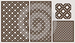 Set of decorative panels laser cutting. a wooden panel. Modern elegant classic diagonal square pattern allover.