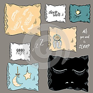 Set of decorative pillow with dream catcher, feathers, closed eyes, moon and star. Vector illustration. All you need is sleep