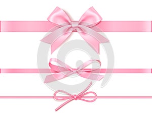 Set of decorative pink bow with horizontal pink ribbon for gift decor.