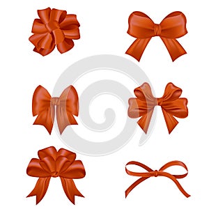Set of decorative red bows with horizontal red ribbon isolated on white background