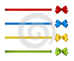 Set of decorative satin bows with horizontal ribbons isolated on white. Vector gift bow with curled ribbon for page decor.