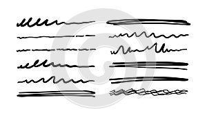 Set of decorative scribble lines in pen, pencil underline, vector doodle hand drawn design elements isolated on white