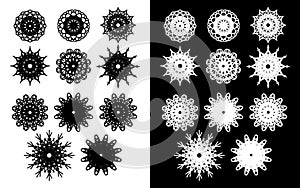 Set of decorative spirograph symbols. Kaleidoscope icons, flowers, stars and snowflakes. Vector