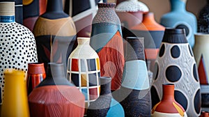 A set of decorative vases with modern and abstract designs featuring geometric shapes and bold color combinations.