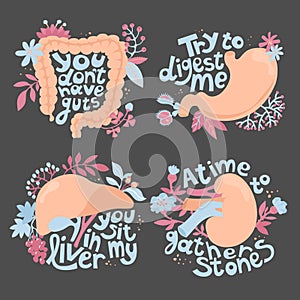 Set with decorative vector illustrations. Guts stomach liver kidney among  flowers and letters.