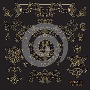 Set of decorative golden vintage elements. Stylish baroque design. Vector.