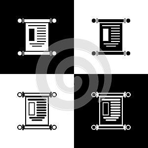 Set Decree, paper, parchment, scroll icon icon isolated on black and white background. Chinese scroll. Vector