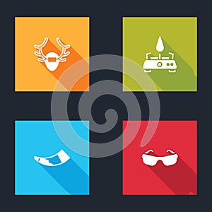 Set Deer antlers on shield, Camping gas stove, Hunting horn and Glasses icon. Vector
